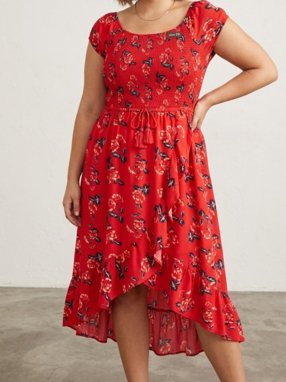 Justice Girls size 20 Red Shirred Bodice Floral Print Dress with Tasseled Bow
